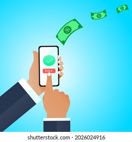 Paga con tarjeta el concepto de diseño plano en línea con la mano del hombre sosteniendo un teléfono con botón de pago en pantalla. Diseño de vectores.