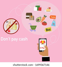 Don’t pay cash buy money phone mobile shopping delivery cash app. food covid-19 virus corona Prevent germs. Avoid catching money vector buy online card.