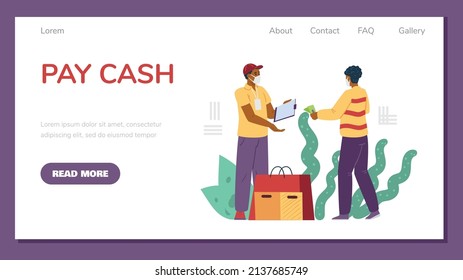 Pay cash concept of web banner or landing page with delivery person in mask gets cash for shipping service, flat vector illustration. Website interface for delivery.