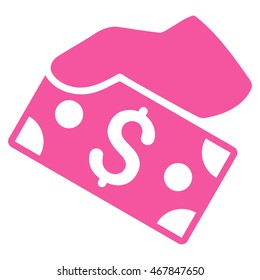 Pay Cash icon. Vector style is flat iconic symbol with rounded angles, pink color, white background.