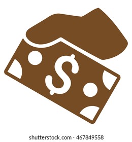 Pay Cash icon. Vector style is flat iconic symbol with rounded angles, brown color, white background.