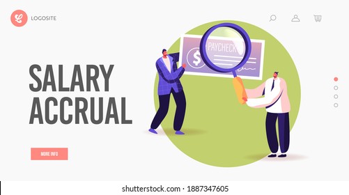Pay Check Landing Page Template. Characters with Magnifying Glass Hold Huge Paycheck with Dollar Sign. People Get Cash Salary Payment with Company Banking Cheque Concept. Cartoon Vector Illustration