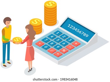 Pay check, salary income, financial success concept. People counting budget on calculator. Girl with guy exchanges money, gives gold dolar coins. Characters are counting savings, money, pennies