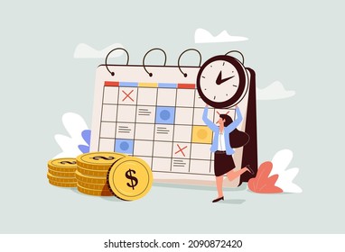 Pay Check, Salary or Payroll Concept. Tiny Businesswoman Character with Clock in Hands Stand near Golden Coins Piles and Huge Calendar Rejoice for Money Payment Earning, Cartoon Vector Illustration