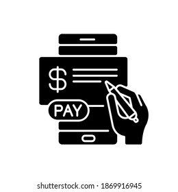 Pay In Cheques Black Glyph Icon. E Billing System. Mobile Banking Service. Online Paperless Check. Money Digital Transaction. Silhouette Symbol On White Space. Vector Isolated Illustration