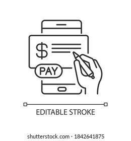 Pay In Cheques Linear Icon. E Billing System. Mobile Banking Service. Online Paperless Check. Thin Line Customizable Illustration. Contour Symbol. Vector Isolated Outline Drawing. Editable Stroke