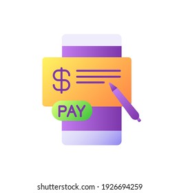 Pay In Cheques Vector Flat Color Icon. E Billing System. Mobile Banking Service. Online Paperless Check. Money Digital Transaction. Cartoon Style Clip Art For Mobile App. Isolated RGB Illustration