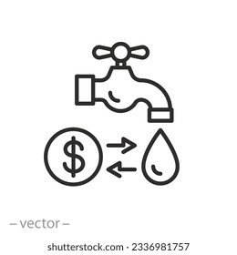 pay cost water supply icon, price or tariff volume of water, faucet with drop, thin line symbol on white background - editable stroke vector illustration eps10