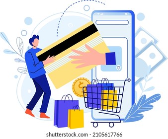 Pay credit card in online store, shopping remotely. Vector store online payment, buy and pay in internet, illustration of credit card sale purchase