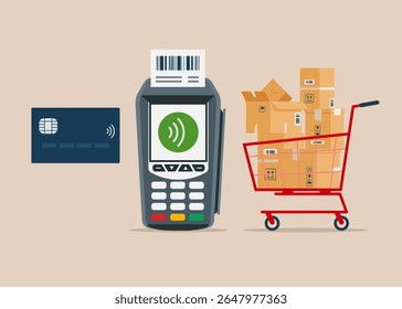 Pagar cartão de crédito. Ponto de transação de captura eletrônica de dados do débito direto do ponto de venda. Tecnologia para empresas. Aquisição e aquisição de equipamentos, bens e serviços da empresa, auditoria e verificação de preços
