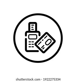 Pay with credit card reader machine. Swiping terminal payment. Contactless. Commerce outline icon in a circle. Vector illustration