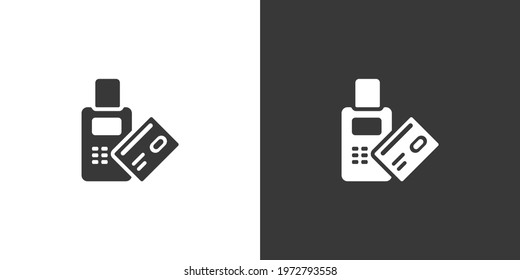 Pay with credit card reader machine. Swiping terminal payment. Isolated icon on black and white background. Commerce glyph vector illustration