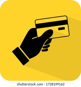 Pay with credit card sign. Digital payment available. E money. Online shopping. Flat drawing shadow design. Black vector Yellow Illustration. Product service brand logo. Board label banner. App icon. svg