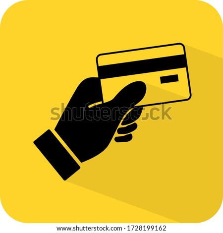 Pay with credit card sign. Digital payment available. E money. Online shopping. Flat drawing shadow design. Black vector Yellow Illustration. Product service brand logo. Board label banner. App icon.