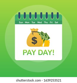 Pay day poster with bag of money and gold coins. Vector stock illustration