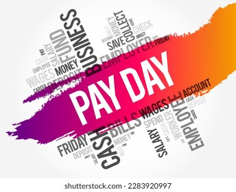 El día de pago es un día específico de la semana o el mes en que se paga, fondo de concepto de nube de palabras