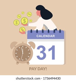 Pay Day vector illustration with gold coins, calendar and clock. Salary payment concept. Payroll, annual bonus, income, payout.The concept of managing your time and money. Time is money or time to pay