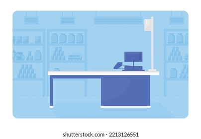 Pay desk at supermarket 2D vector isolated illustration. Grocery store flat interior on cartoon background. Cash desk arrangement colourful editable scene for mobile, website, presentation