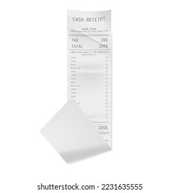 Pay document fiscal check isolated paper print check and bill vector element. Realistic atm bill, financial invoice, cash receipt. Retail ticket template