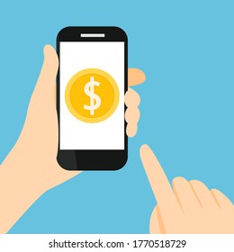 Pay with dollar coin. Hand holding a mobile phone to transaction with yen isolated on blue background cartoon vector illustration