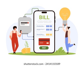 Pay for electricity using mobile application on phone. Tiny people holding light bulb and smartphone for electrical energy consumption payment, electricity bill on screen cartoon vector illustration