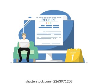 Pay electronic receipt bills online concept, Human sitting typing laptop with receipt bill, Digital marketing illustration.