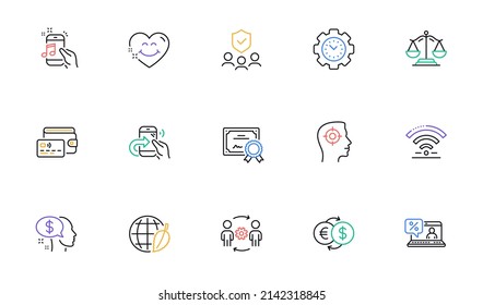 Pay, Engineering team and Certificate line icons for website, printing. Collection of People insurance, Share call, Smile face icons. Music phone, Wifi, Recruitment web elements. Vector