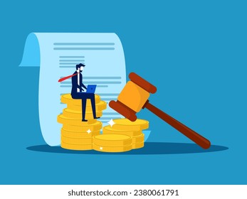 Pay fees or fines online. Businessman sitting on notification slip with legal hammer on pile of coins