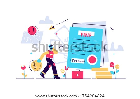 Pay fine vector illustration. Flat tiny punishment document persons concept. Municipal tax or parking fee as penalty from authority. Financial police charge bill for speeding or traffic law offense.