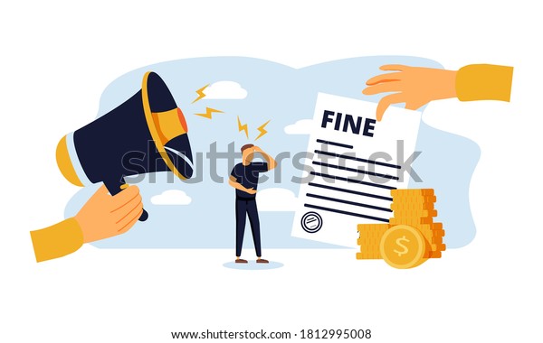 Pay fine vector illustration. Flat tiny\
punishment document persons concept. Municipal tax or parking fee\
as penalty from authority. Financial police charge bill for\
speeding or traffic law\
offense.