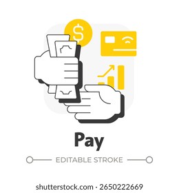 Pay flat outline concept icon. Employee payment, salary. Compensation gifts, benefits. Credit card, technology. Modern line illustration with yellow glyphs. Conceptual visual. Easy to edit