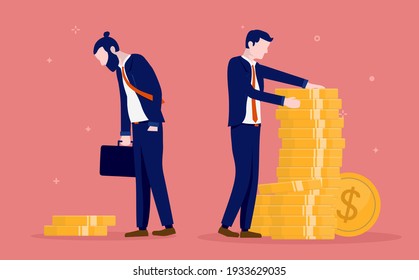 Pay gap between men - Two businessmen with different salary and income. Unfair pay and inequality concept. Vector illustration.