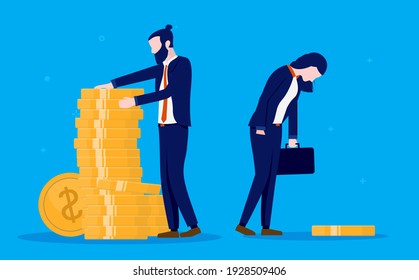 Pay gap illustration of rich man and poor sad woman with little money. Vector