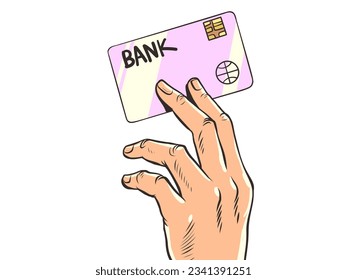 Pay for goods or services online. Purchasing an application using a transfer. The human hand holds a bank card. Pop Art Retro Vector Illustration Kitsch Vintage 50s 60s Style. On a white background