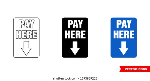 Pay here parking information sign icon of 3 types: color, black and white, outline. Isolated vector sign symbol.
