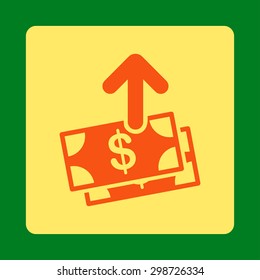 Pay icon from Commerce Buttons OverColor Set. Vector style is orange and yellow colors, flat square rounded button, green background.