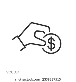 pay icon, hand with coin, cash payment, give money, donation concept, thin line symbol - editable stroke vector illustration