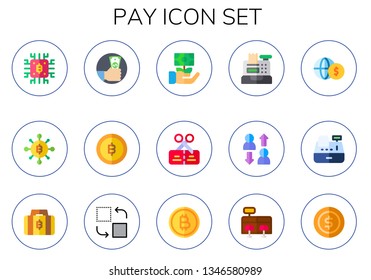 pay icon set. 15 flat pay icons.  Collection Of - bitcoin, payment, money, voucher, cash register, transfer, cashier, coin