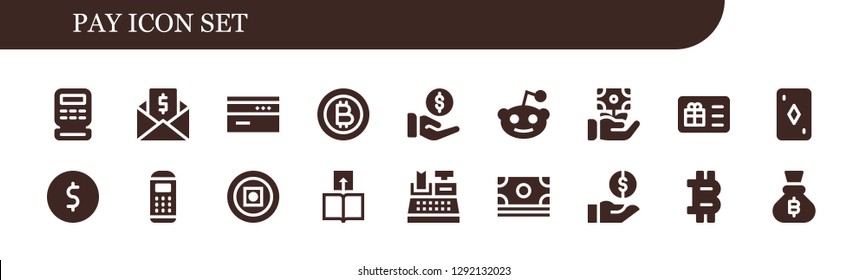  pay icon set. 18 filled pay icons. Simple modern icons about  - Cash register, Money, Card, Bitcoin, Payment, Reddit, Gift card, Coin, Payment terminal, Transfer