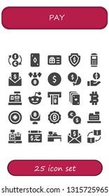 pay icon set. 25 filled pay icons.  Simple modern icons about  - Exchange, Card, Gift card, Money, Payment terminal, Invoice, Bitcoin, Coin, Cashier, Reddit, Atm, Cards, Cash register