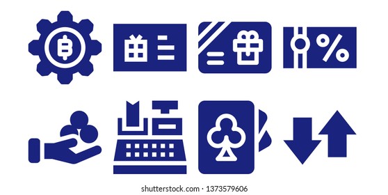 pay icon set. 8 filled pay icons.  Collection Of - Money, Bitcoin, Cash register, Gift card, Cards, Transfer, Gift voucher