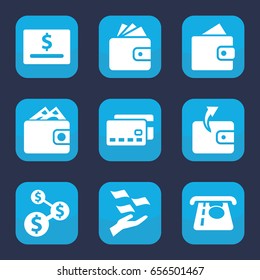 Pay icon. set of 9 filled pay icons such as wallet, atm money withdraw, wallet, money on hand, credit card, dollar card