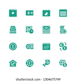 pay icon set. Collection of 16 filled pay icons included Coin, Payment method, Amount, Exchange, Calendar, Coins, Money, Wallet