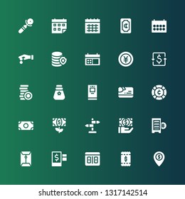 pay icon set. Collection of 25 filled pay icons included Money, Bill, Counter, Credit, Coin, Digital currency, Payment, Sign, Card, Atm, Coins, Dollar, Yen, Calendar