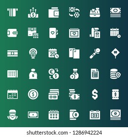 pay icon set. Collection of 36 filled pay icons included Money, Calendar, Bitcoin, Cashier, Bill, Dollar, Card, Coin, Invoice, Exchange, Sign, Cards, Parking meter, Wallet