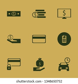 pay icon set with parking time, dollar coins and credit card lock vector illustration