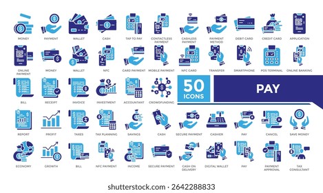 Pay icon solid two color set collection. his set includes money, wallet, tap to pay, contactless, transfer, tax planning, budget and more icons in solid style. Vector icons collection for infographics