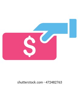 Pay icon. Vector style is bicolor flat iconic symbol with rounded angles, pink and blue colors, white background.