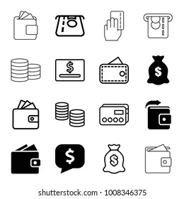 Pay icons. set of 16 editable filled and outline pay icons such as money sack, wallet, atm money withdraw, wallet, money, credit card, dollar card, creadit card payment
