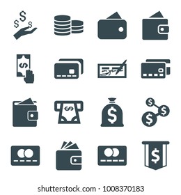 Pay icons. set of 16 editable filled pay icons such as wallet, wallet, atm money withdraw, credit card, check, dollar sign, money on hand